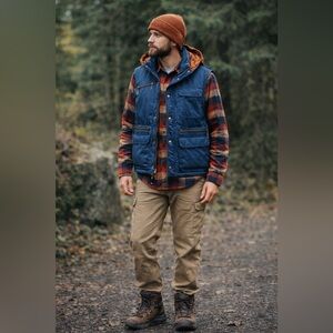 Black Bear Men’s Vintage Gorpcore Down Vest Hooded Utility Outdoor Blue Sz M